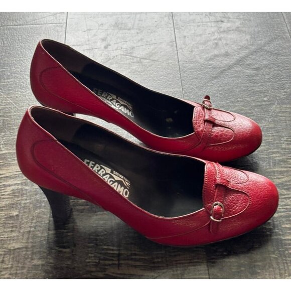 Salvatore Ferragamo Slip On Pumps High Heel Leather Shoes Red Size 9B - Picture 1 of 10